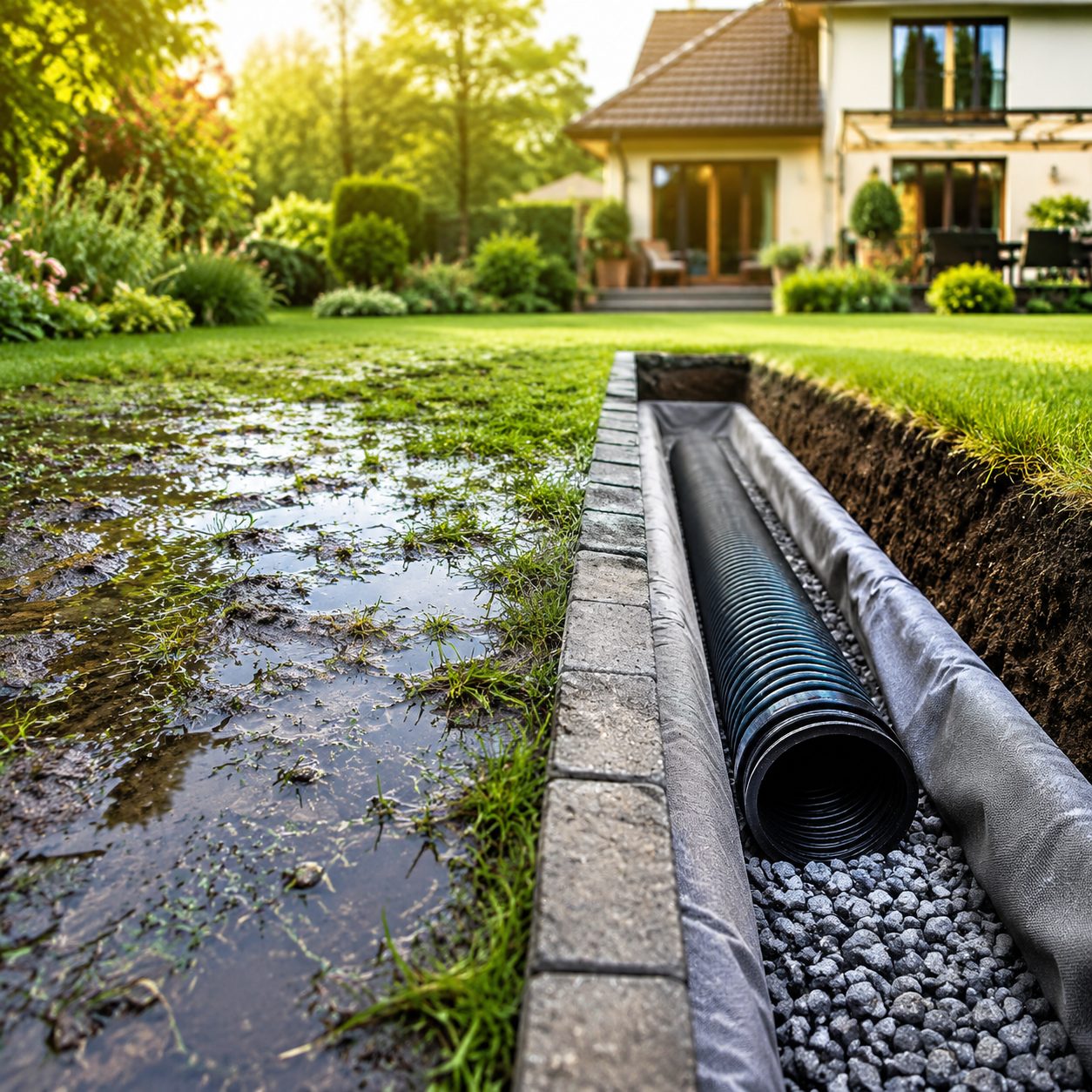 Verlegung eines Drainagerohrs im Garten gegen Staunässe