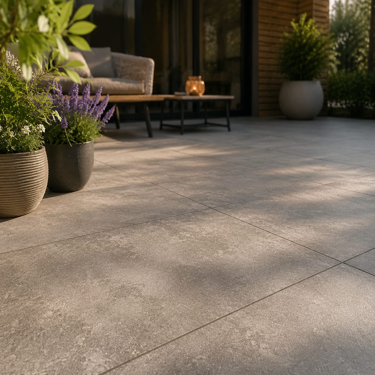 Fertig verlegte Terrasse mit Keramikplatten in Nürnberg